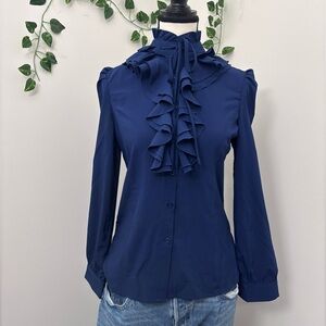 Navy Blue Ruffled Blouse Long Sleeve Size M